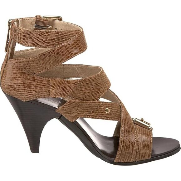 Michael Kors Tatum Cross Strap Reptile Embossed Shimmering Leather Cone Heels - Picture 2 of 6